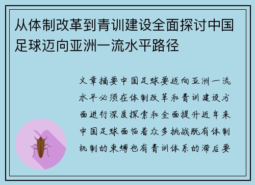 从体制改革到青训建设全面探讨中国足球迈向亚洲一流水平路径 从体制改革到青训建设全面探讨中国足球迈向亚洲一流水平路径