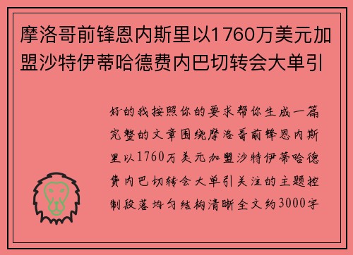 摩洛哥前锋恩内斯里以1760万美元加盟沙特伊蒂哈德费内巴切转会大单引关注 摩洛哥前锋恩内斯里以1760万美元加盟沙特伊蒂哈德费内巴切转会大单引关注