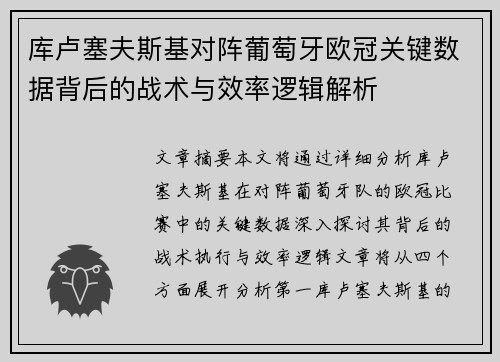 库卢塞夫斯基对阵葡萄牙欧冠关键数据背后的战术与效率逻辑解析